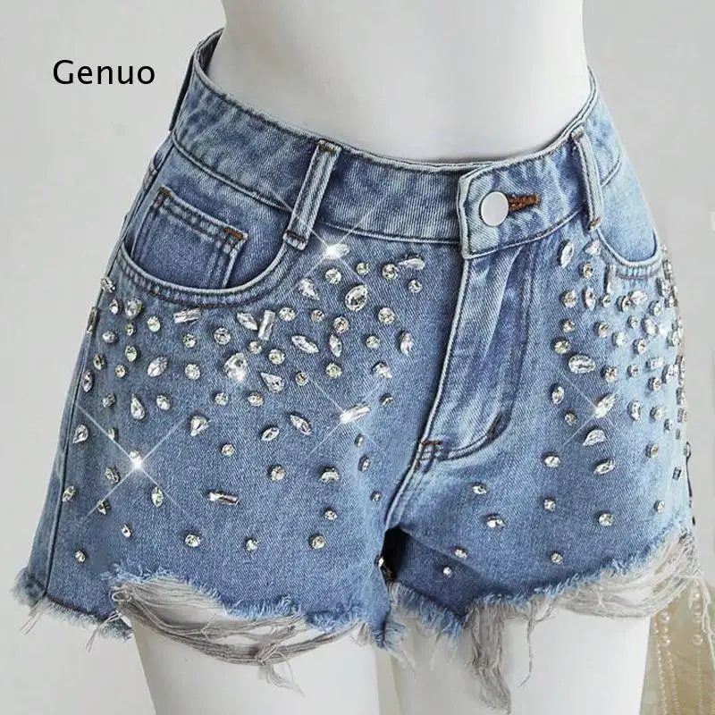 2026 Rhinestone Embellished Denim Shorts Frayed Hem Distressed Design for Party Wear