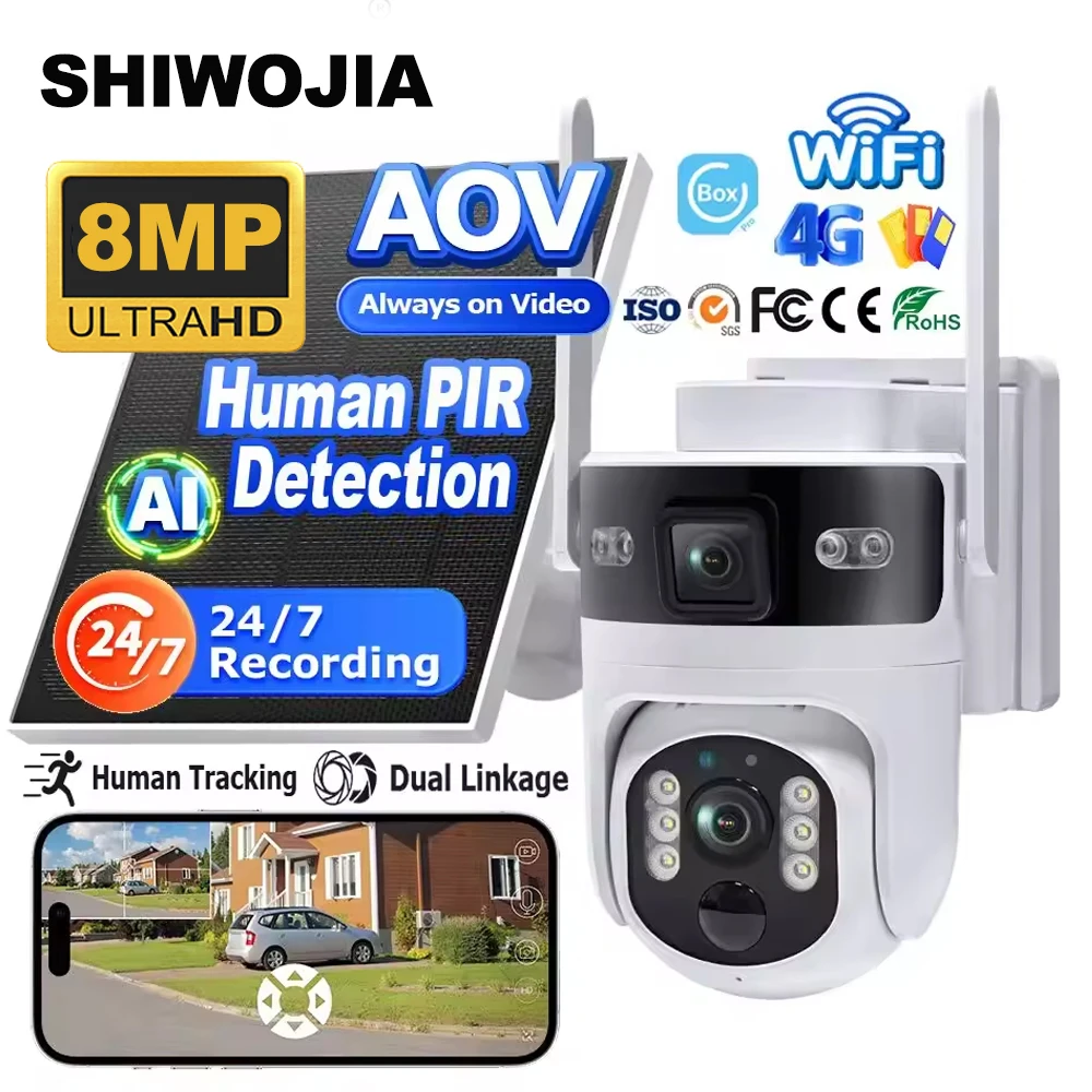 SHIWOJIA 8MP AOV 4G SIM Solar Battery PTZ Camera Security WIFI Camera Dual Lens Video Recording PIR Detection Surveillance CCTV
