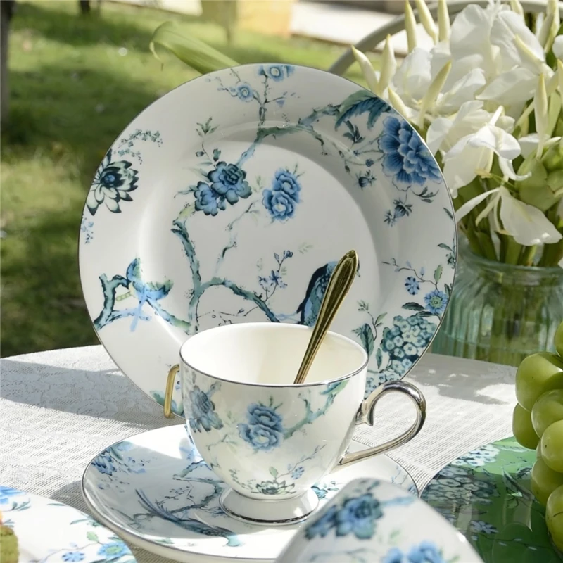 

Десертная тарелка из костяного фарфора, кружки, керамическая чашка, кофейная чашка, набор блюдец, диспенсер, ретро цветок, птица, зеленый посуда для послеобеденного чая