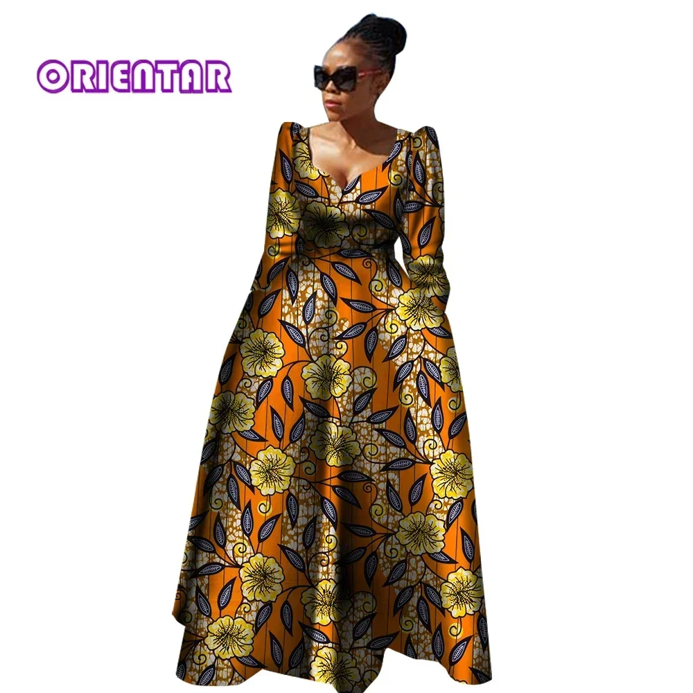 African Dresses for Women Full Sleeve Long Maxi Dress Robe Africaine Bazin Riche African Clothes Women Evening Dress WY2849