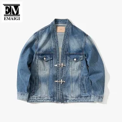 Men Metal Airplane Buckle Loose Casual Japanese Streetwear Fashion Vintage Denim Cargo Kimono Jacket Women Jeans Coat Outerwear