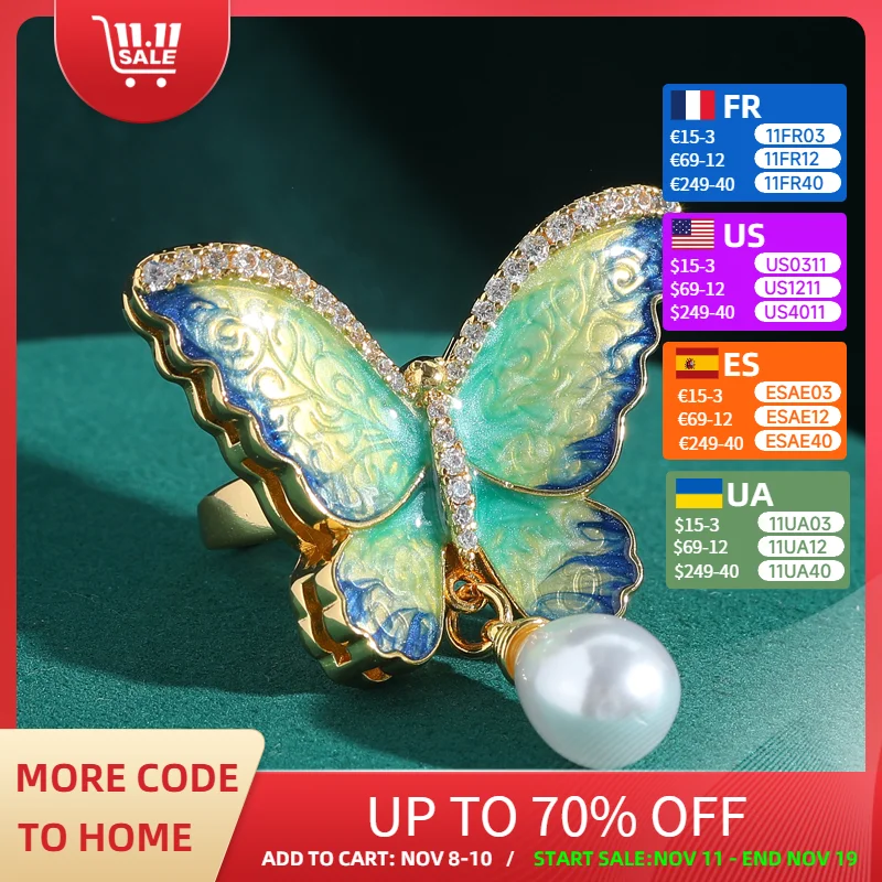 

14mm Drop Pearl Crystal Rings Vintage Woman Butterfly Rhinestones Luxury Quality Jewelry Mothers Day Gift Wedding Accessories