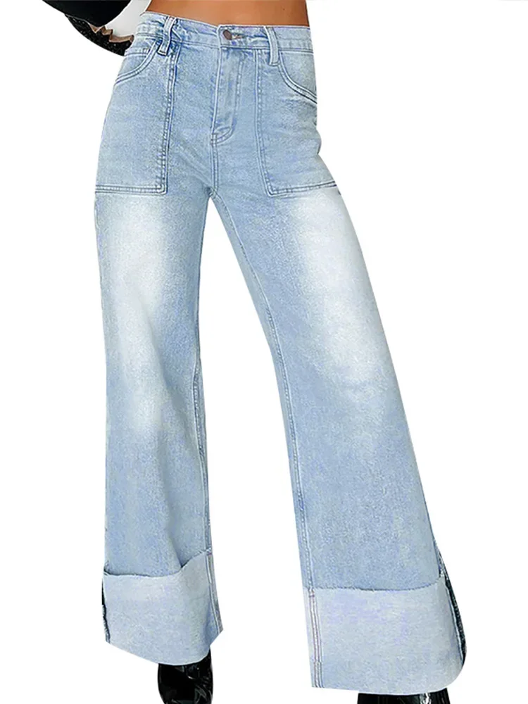 

Голубые женские джинсовые брюки с высокой талией, широкие мешковатые джинсы, потертые потертые удобные брюки, повседневные уличные брюки