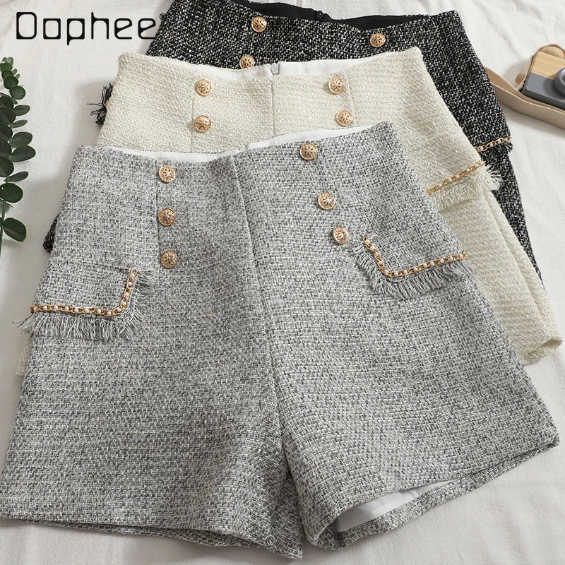 

Korean-Style Women's Double-Breasted High Waist Shorts 2023 Autumn Easy Matching Elegant Slimming Straight Tweed Shorts Trendy