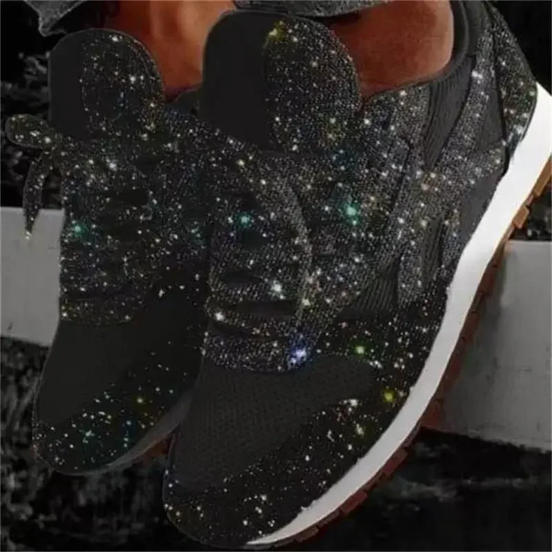 2024 Women Flat Glitter Sneakers Casual Bling Vulcanized Shoes Women Mesh Lace Up Platform Plus Size Fashion Outdoor Woman Shoes