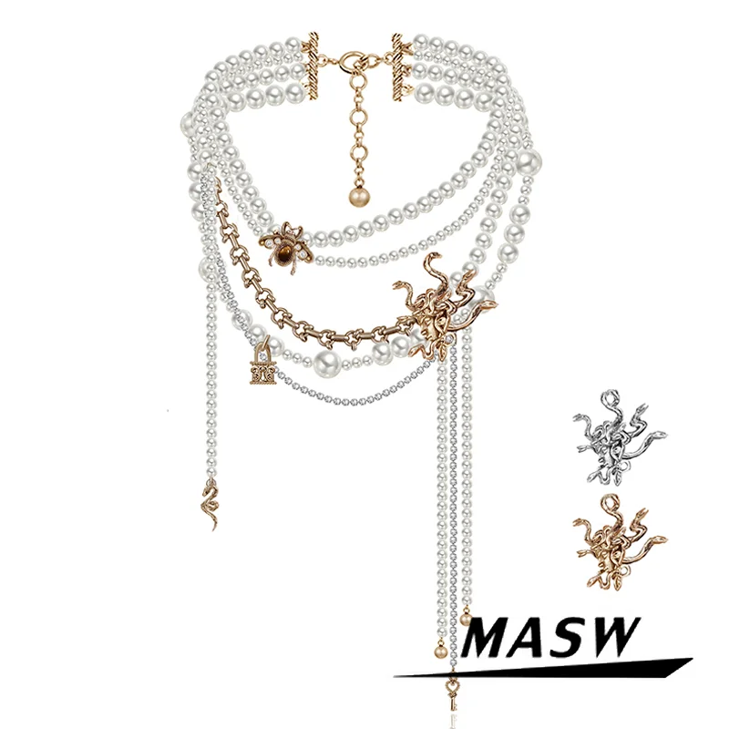 MASW Original Design Popular Multi Layers Small Snake Glass Simulated Pearl Necklce For Women Girl Gift Fashion Jewelry 2024 New