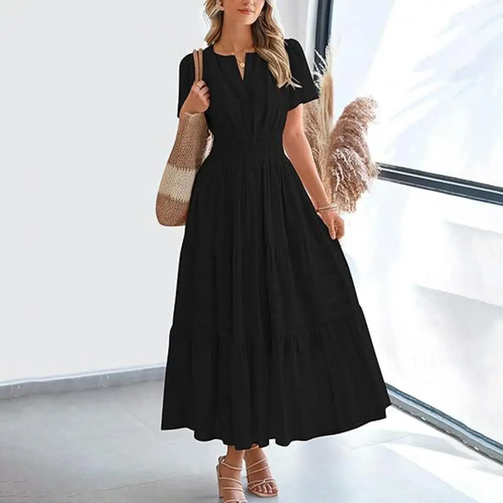 Abito dal taglio ampio Abito lungo elegante con scollo a V con vita smock Design fluido a strati Dettaglio pieghettato per donna Abito estivo da donna