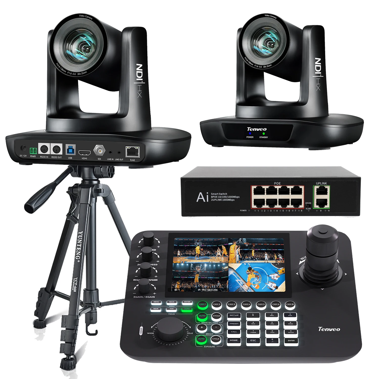 KB300PRO PTZ Camera Keyboard Controller+2Pcs UHD630A-NDI 1080P 60fps NDI PTZ Conference Camera AI Auto Tracking Camera 30x Zoom
