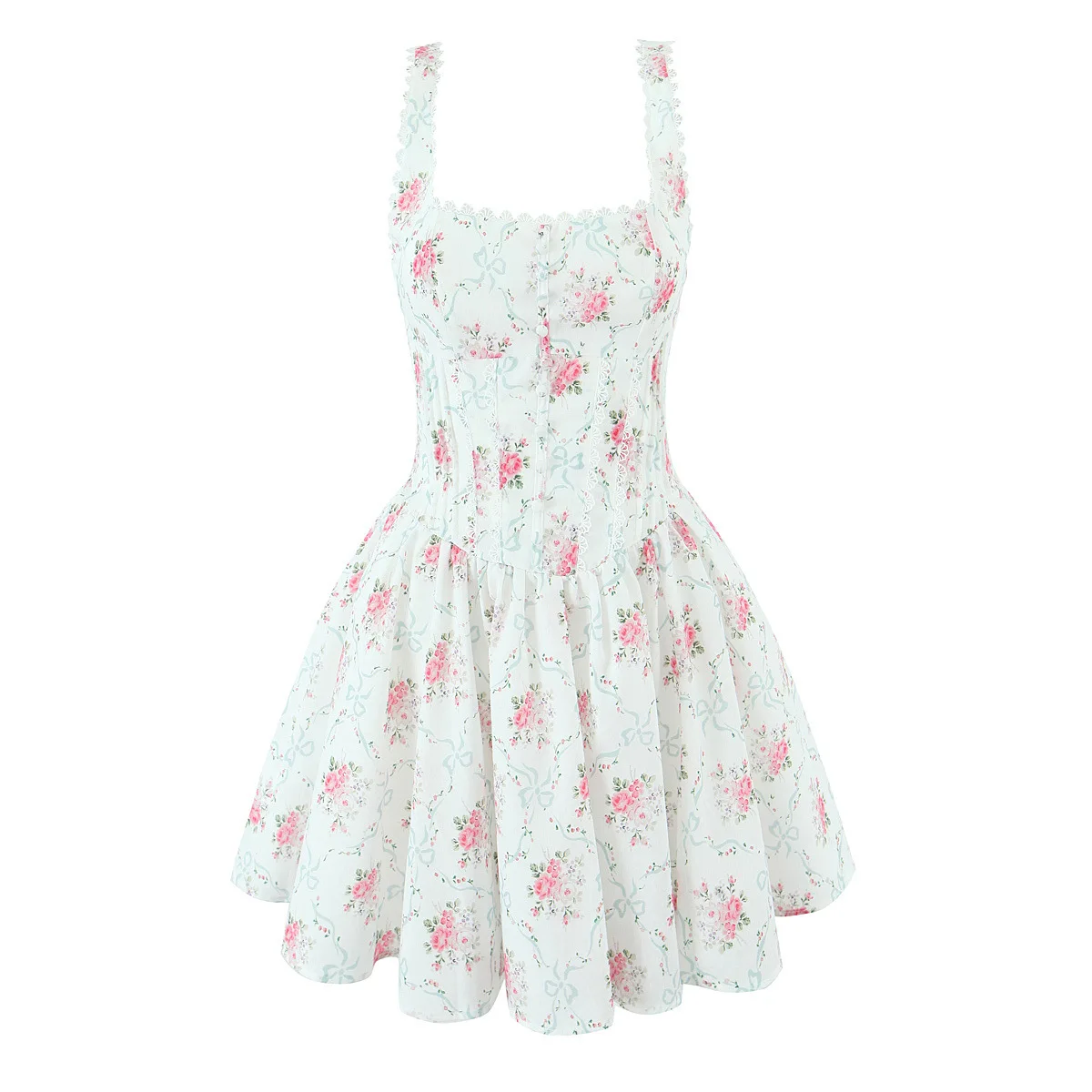 

French Sweet Style Rose Printed Butterfly Knot with Wrinkled Lace Waist Strap Mini Dress for Women