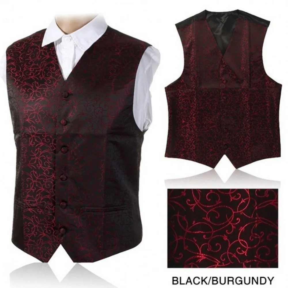 Wedding Red Vest Paisley Sim Fit Floral Pattern Male Sleeveless V-Neck Slim Fit Party Waistcoat Ikepeibao