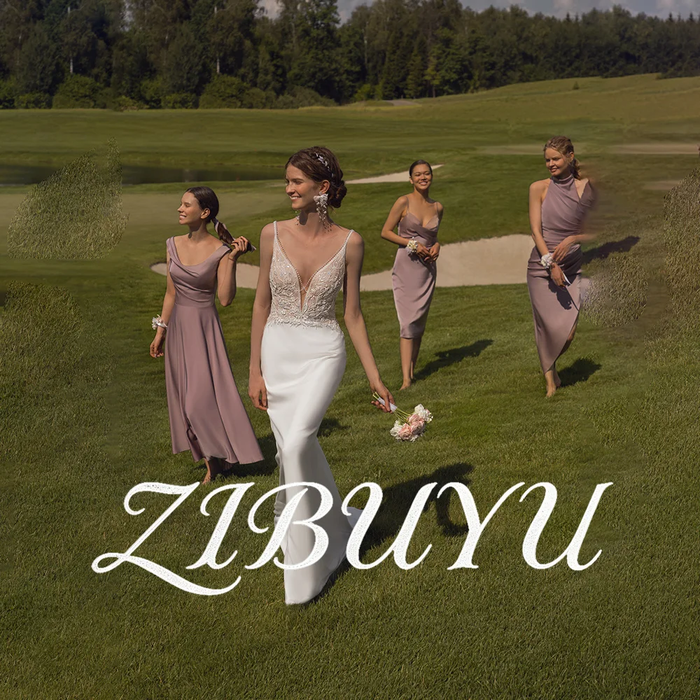 ZIBUYU Customized Mermaid Boho Wedding Dress Deep V Neck Spaghetti Straps Sleeveless Lace Appliques Bodice Open Back Bridal Gown