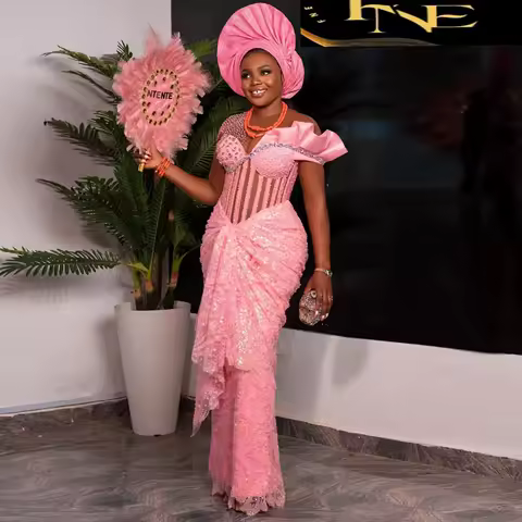 Luxury Pink Lace African Evening Gowns Asoebi Traditional Wedding Reception Dress Shiny Beaded Lace Nigerian Formal Party Dress