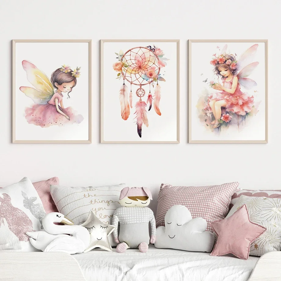 Kawaii Unicorn Swan Dreamcatcher Nursery Girls Princess Fairy Bedroom Wall Art Child Paintings Posters Baby Kids Room Decoration