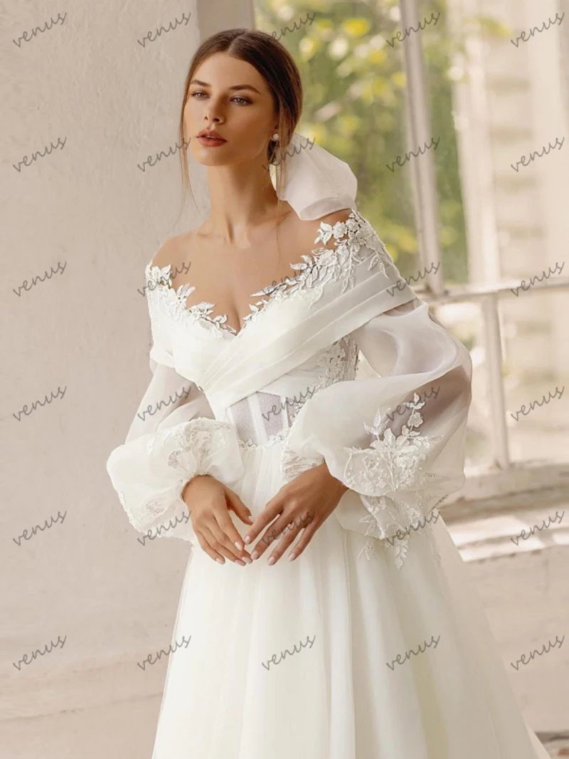 Exquisitos Vestidos De Novia De línea a, Vestidos De Novia con apliques De encaje, hombros descubiertos, mangas abullonadas, elegantes Vestidos De Novia 2024