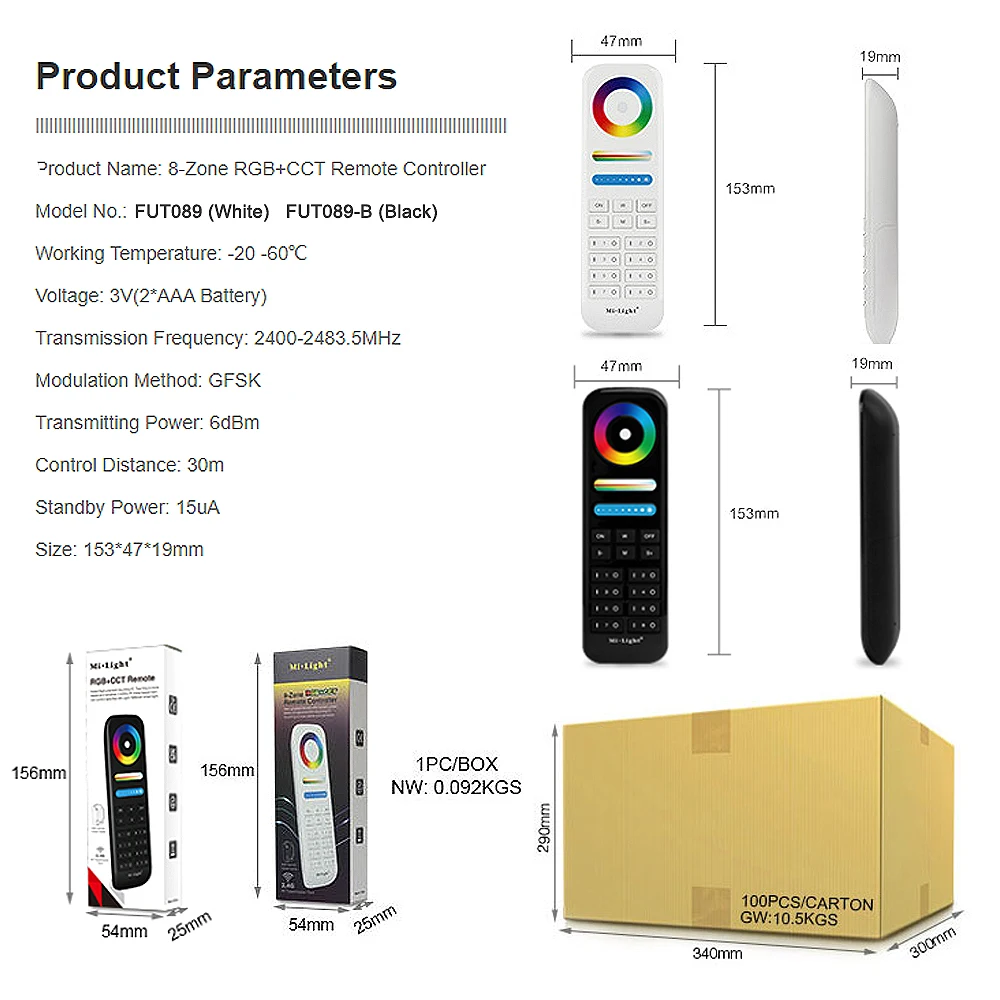 Miboxer Milight FUT089 2.4GHzRF 8-Zone Group RGB+CCT Touch Remote for Single color CCT RGB RGBW RGBCCT Lamps Or led strip Series