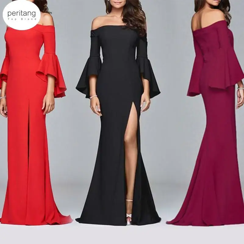 

Women Maxi Party Sexy Slim Mermaid Solid Emerald Backless Three Quarter Flare Sleeve Elegant Female Long Female Dress