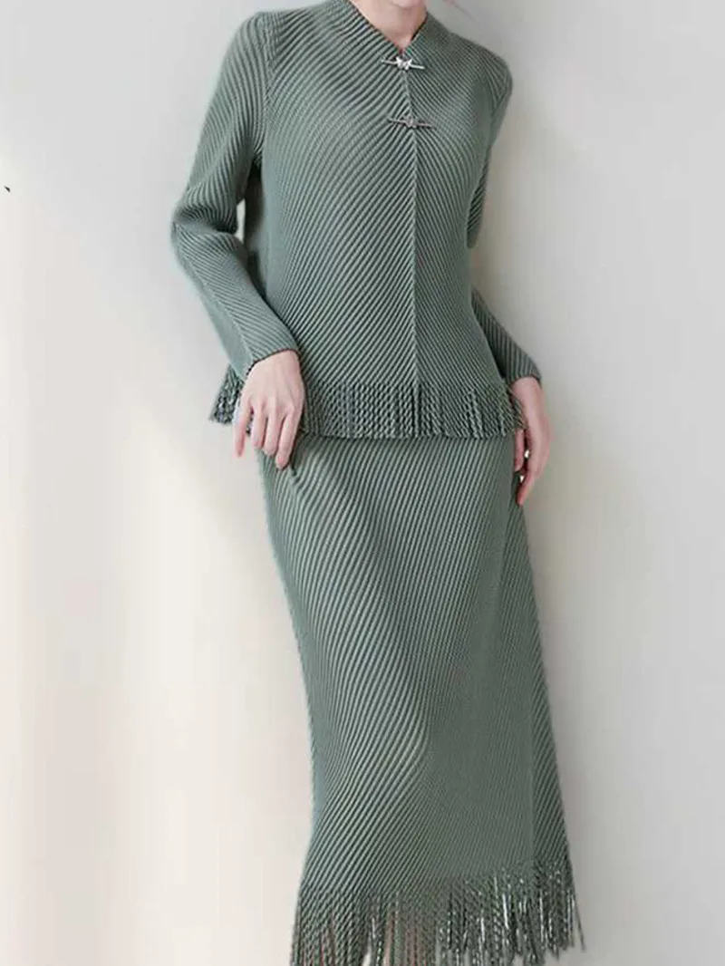 

Hem Tassel Spliced Design Pleated Women's Two Pieces Set Elastic Slim Long Sleeve T-shirt And Straight Skirt 29AW3