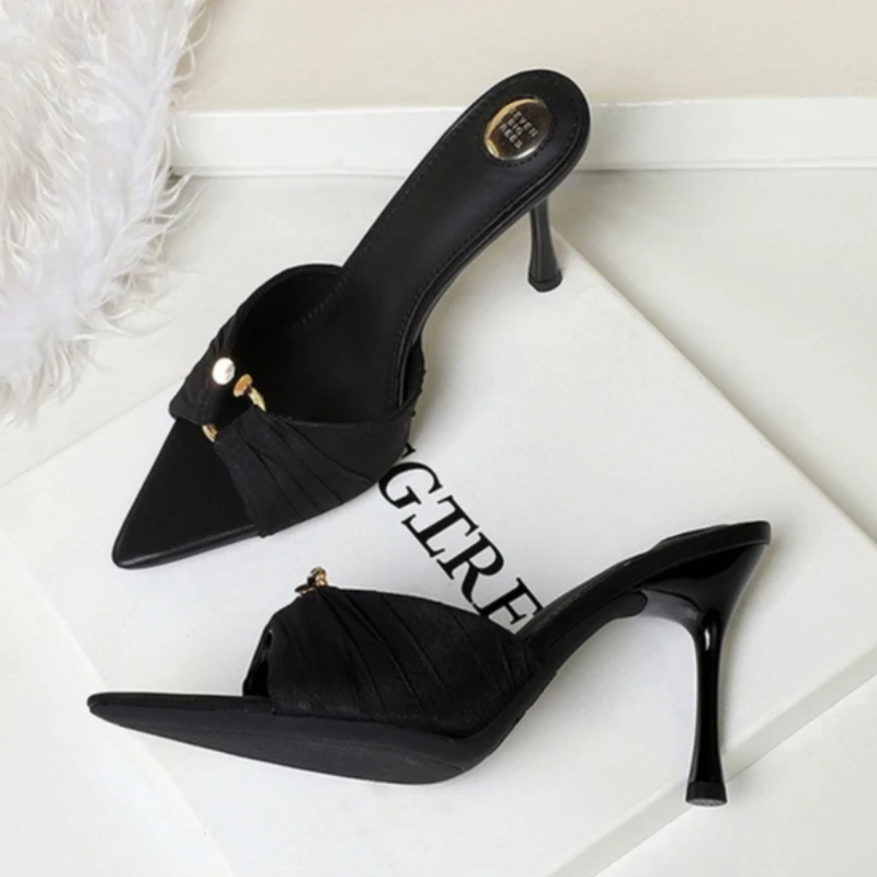 BIGTREE Summer Elegant Metal Buckle Thin Heel Slippers Fashion Open Toed Women's Shoes Pointed Wrinkle Sandals view 4