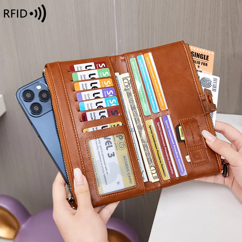 New Fashion Women Purse Leather Long Wallets Zipper Coin Pocket Rfid Blocking Card Holder Organizer Handbag for Ladies