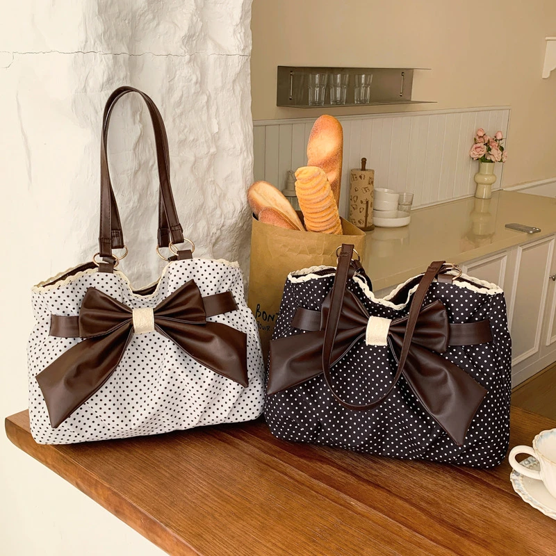 

Популярная в России шикарная сумка-тоут в горошек на плечо/подмышку для повседневных поездок, винтажная женская сумка через плечо с бантом, милая сумка