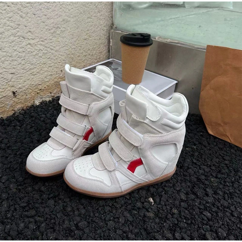 Brand Leather Wedge Sneakers Hook Loop Fastener Hiking Boots Women Thick Sole Platform Height Increasing Shoes Ankle Short Boots