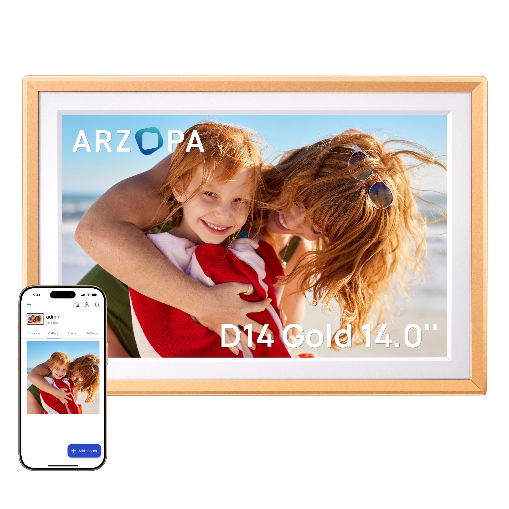 

ARZOPA 14 Inch WiFi Digital Photo Frame IPS HD Touch Screen Unlimited Free Cloud Storage Remote Photo Video Share Family Gift