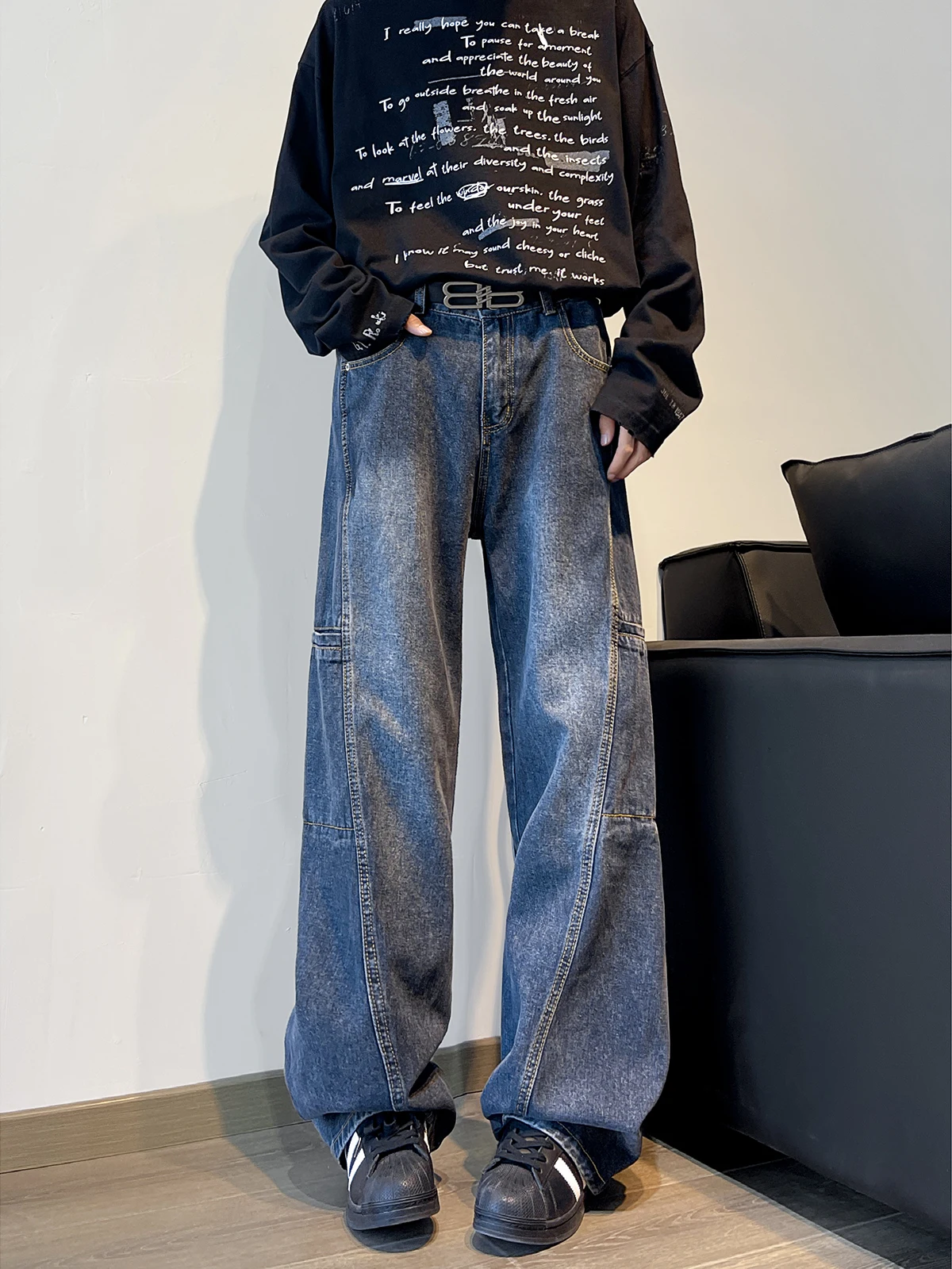 

Винтажная рабочая одежда, свободные повседневные прямые джинсы для мужчин, весна-осень, модные брендовые лоскутные длинные брюки для подростков с низкой талией