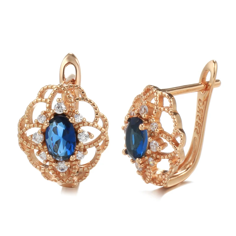 

2022 New 585 Rose Gold Drop Earrings for Women Trend Blue Natural Zircon Romantic Hollow Flower Earrings Wedding Jewelry