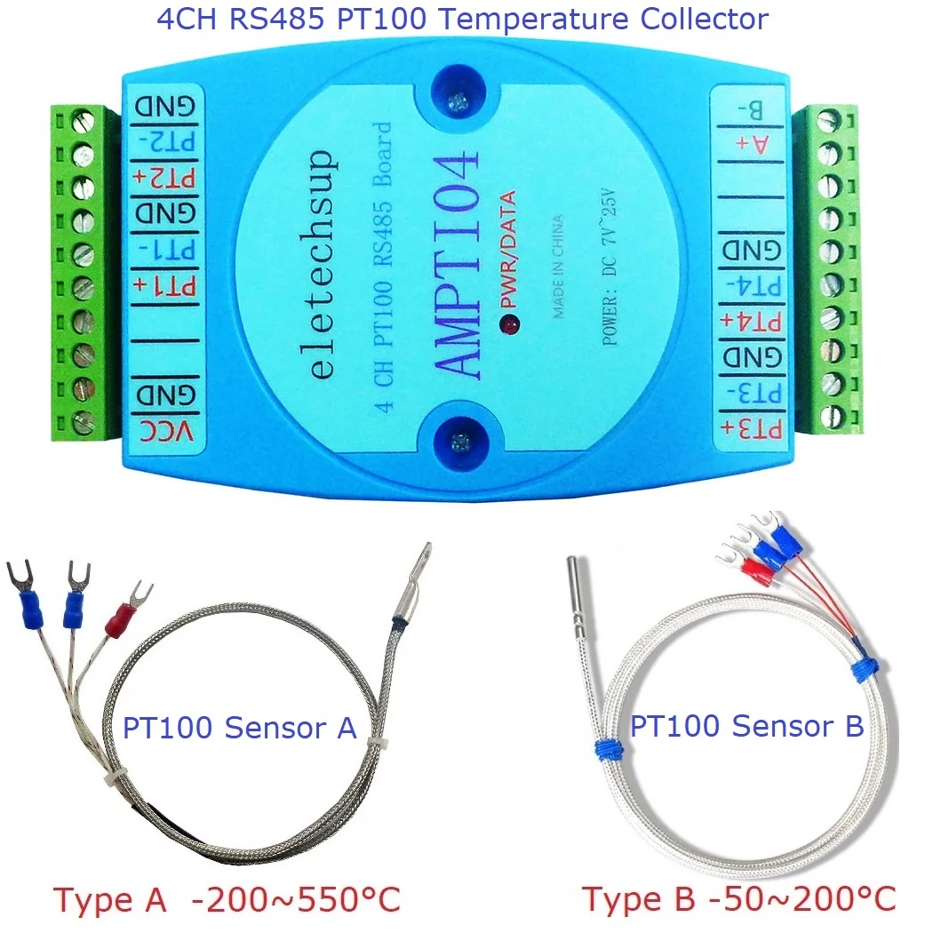 4CH -40~300 Celsius PT100 RTD Temperature Sensor Collector Module RS485 Analog Read Modbus RTU PLC Expanding Board