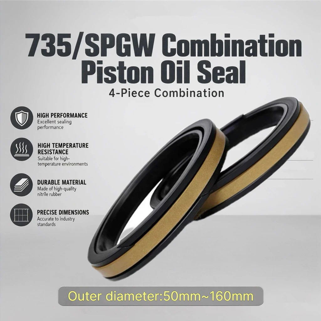 735 Piston Oil Seal (50mm~160mm) SPGW 4-piece Combination Hydraulic Hole Sealing Ring TPE+NBR+POM Excavators, Loaders, Etc