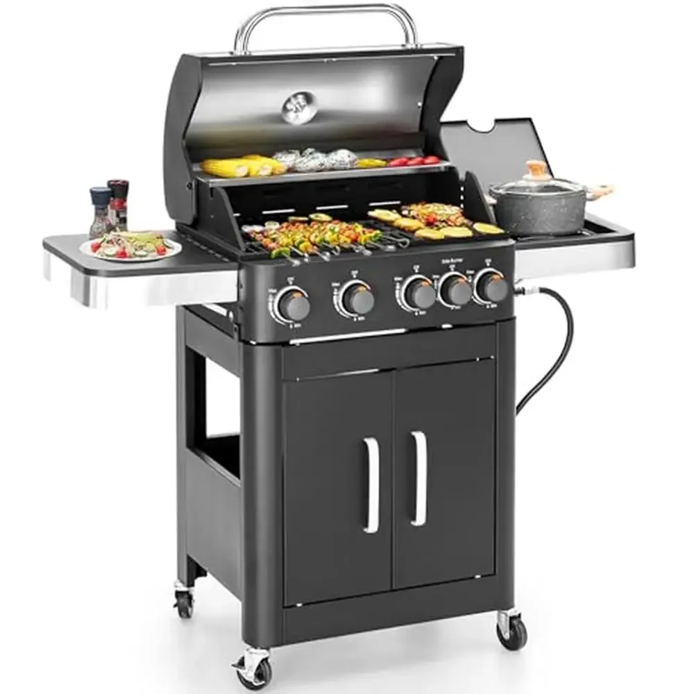 4-Burner Propane Gas BBQ Grill with Side Burner & Griddle Grate Porcelain-Enameled Cast Iron 46,700 BTU Easy Cleanup Built-In