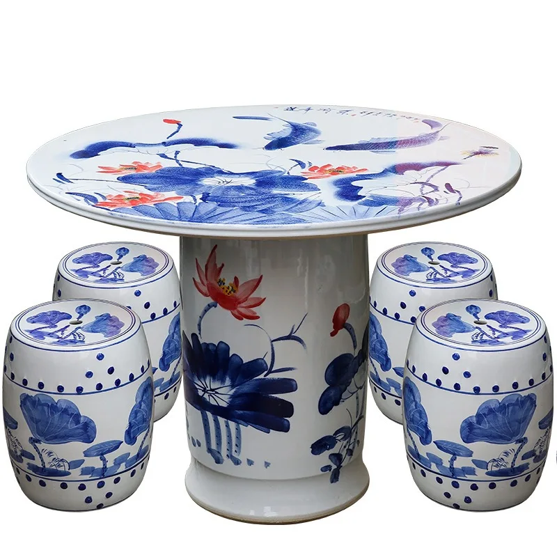

Ceramic table and stool set hand painted porcelain coffee outdoor courtyard garden large round ornaments