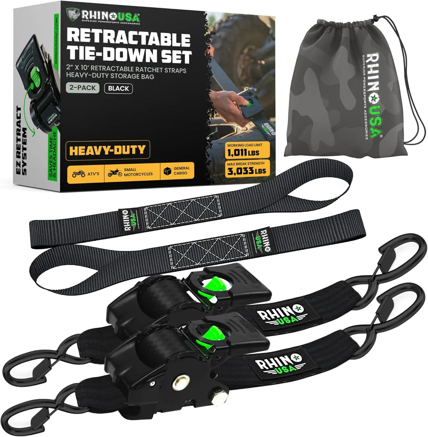 

2-Pack Retractable Ratchet Straps, 2x10ft, 3033lb Strength, Heavy Duty for Truck Trailer Motorcycle