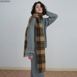 IOOTIANY New Women's Winter Woven Warm Scarf Casual Extra Long Wool Scarve Narrow Version Maillard Plaid Tassel Shawl