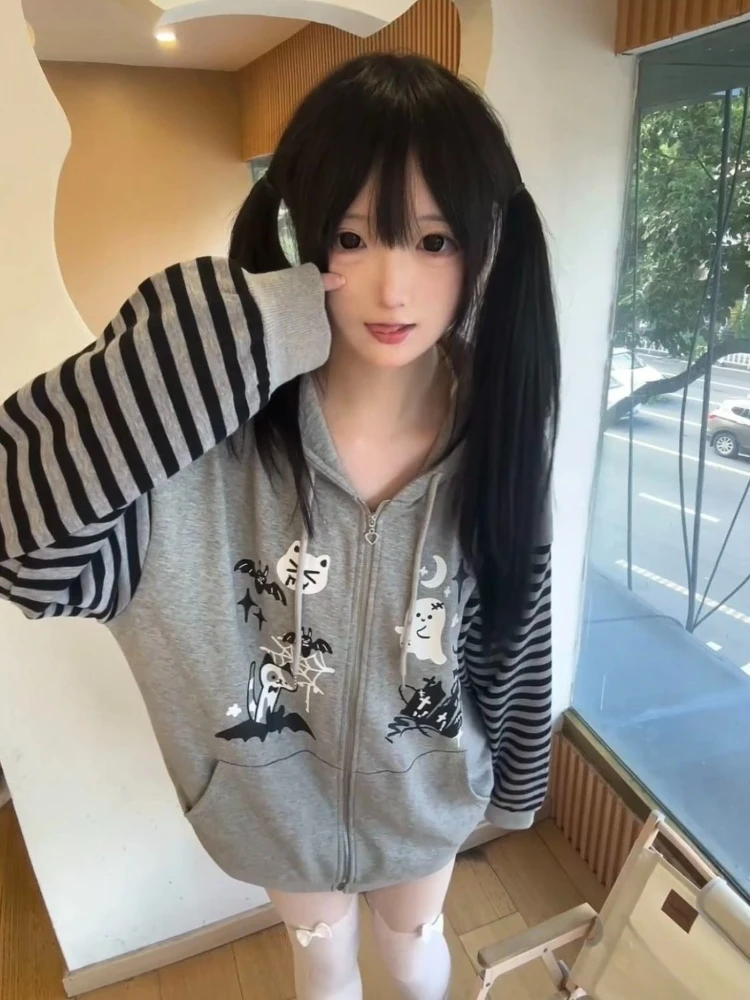 

Y2k Япония Kawaii мультфильм принт полосатый лоскутный свитшот с капюшоном 2000-х годов Harajuku милые толстовки субкультура винтажные осенние пальто