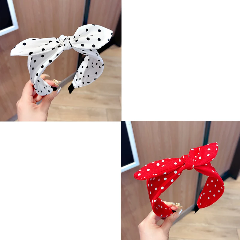 Effen kleur stof Polka Dot Bow hoofdband voor kinderen Elegant temperament Brede hoofdband Mode meisje make-up haarband
