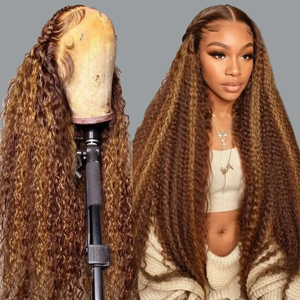 

13x4 HD Human Hair Lace Frontal Wig 30 38 Inches 4/27 Highlight Deep Wave 180 Density Colored Ombre Glueless Human Wig For Women