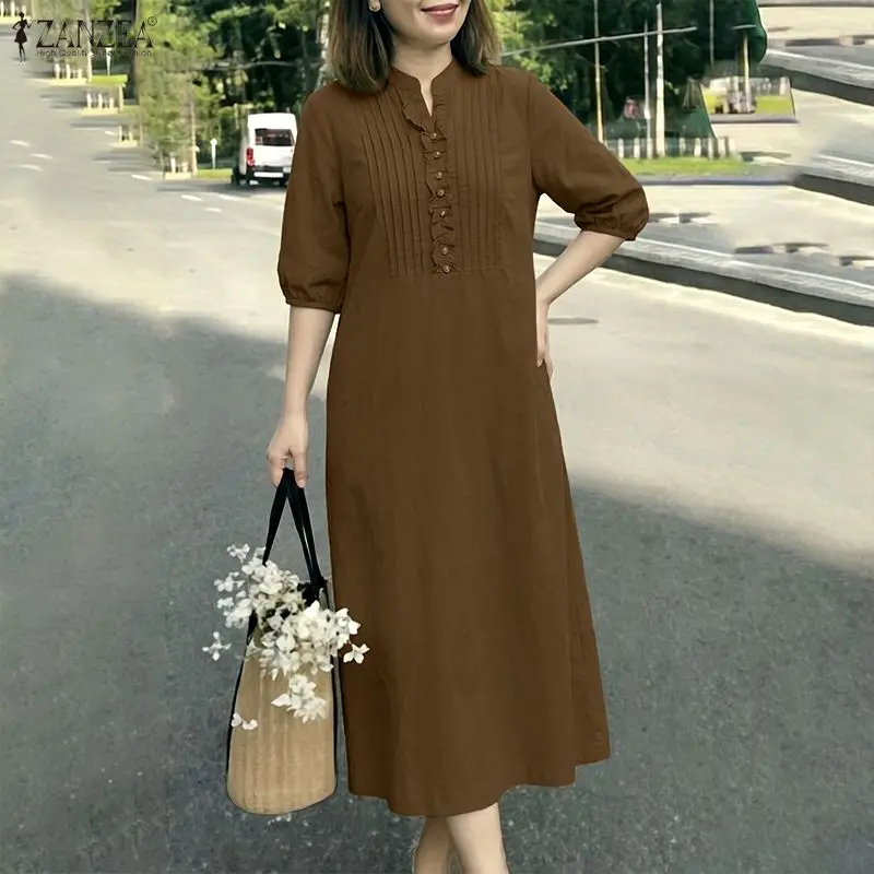 

Vintage Solid Midi Dresses ZANZEA Women Summer Sundress V Neck 3/4 Sleeve Vestidos Elegant Flounce Work Dress Casual Robe Femme
