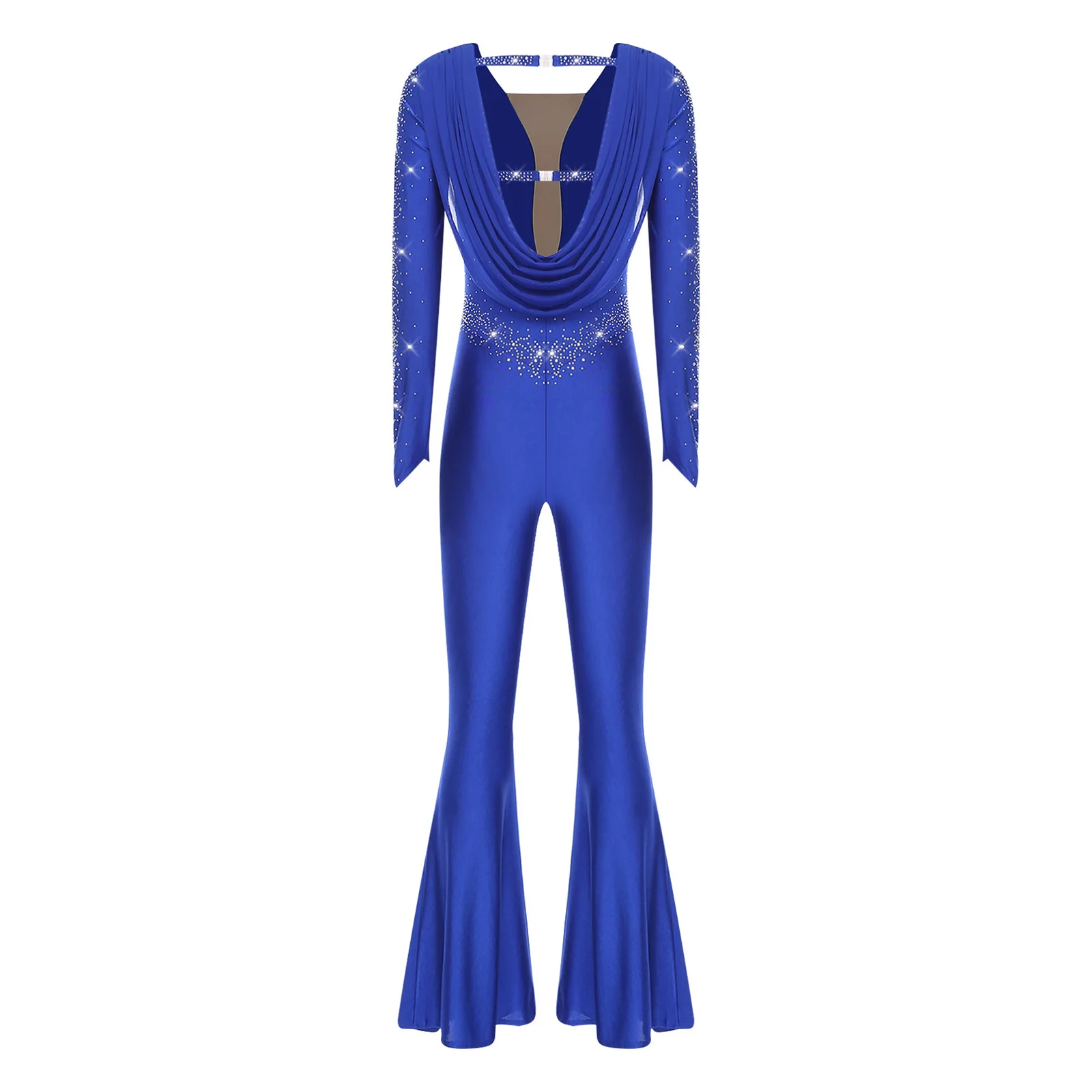 إمرأة بريق حجر الراين اللاتينية الرقص السروال القصير كم طويل شبكة جرس أسفل السراويل الجمباز ثياب بذلة تشا تشا Dancewear