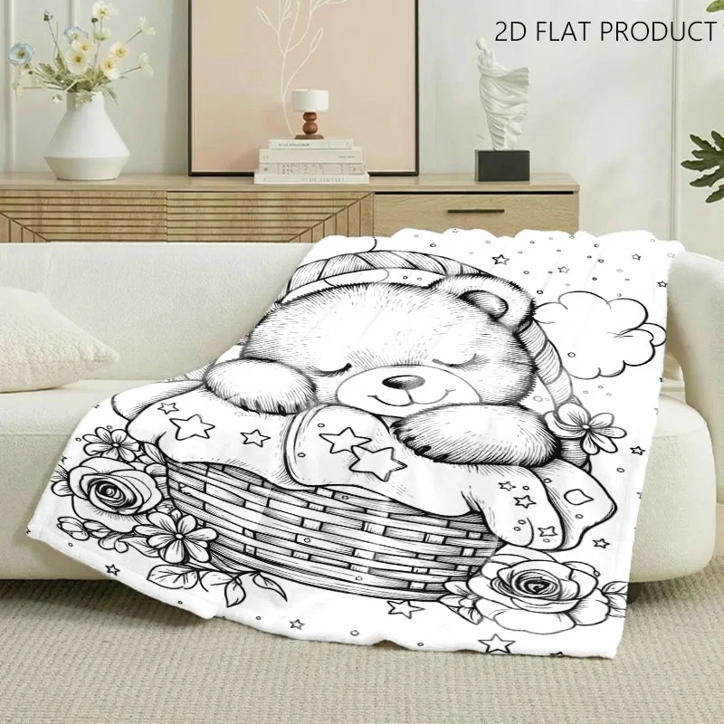 1pc DIY Coloring Throw Blanket, Sleeping Teddy Bear in Basket Line Art, Star Flower Cloud Pattern for Sofa Office Nap