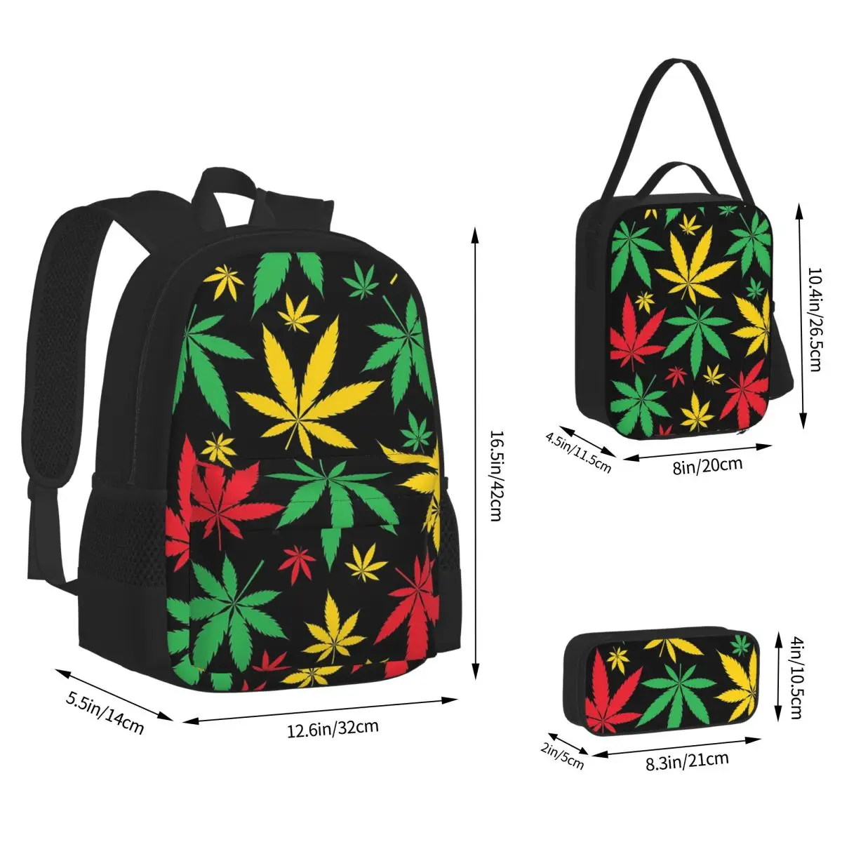 Rasta Flag Colors Leaf Cannabis Marijuana Weed Backpacks Students Bookbag School Bags Rucksack Lunch Bag Pen Bag Three-Piece Set