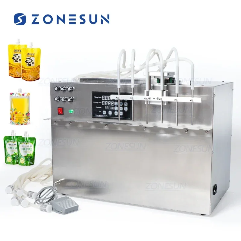 ZONESUN 6 Heads Spout Pouch Beverage Bag Liquid Filling Machine Digital Control Compact Precise Numerical Filling Machine