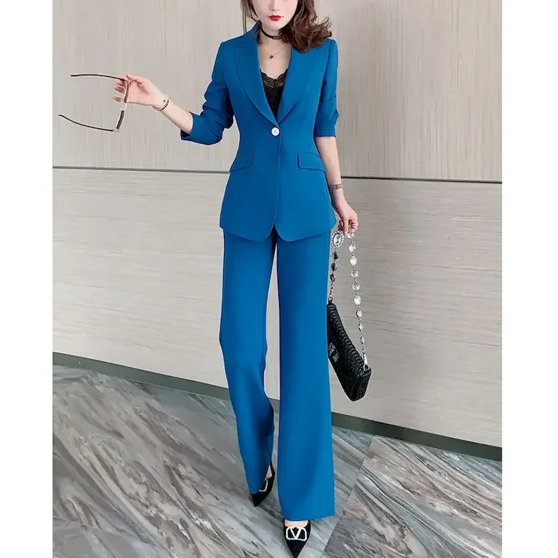 

Insozkdg Fashion Spring Women Blue Blazer Suits Sets 2024 New Single Button Office Lady Jackets High Waisted Wide Leg Pants Set