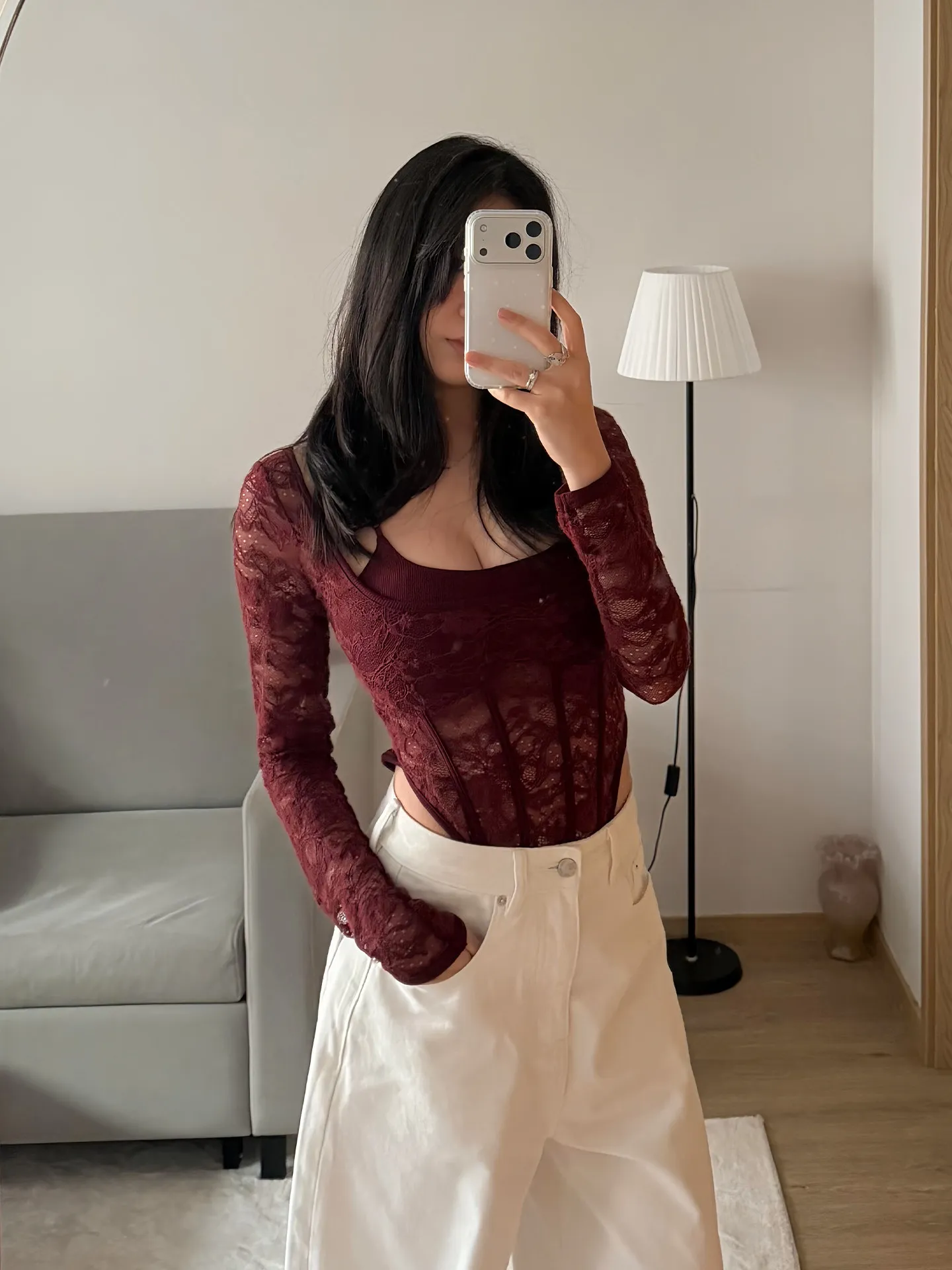 

Korean Sle Pure Desire Lace Long Sve Onesie with Chest Pad Women's Spring New Waist Slimming Casual Wear Top