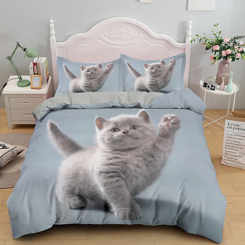 

Little Cat Duvet Cover King Queen Size 3D Grey Cute Kitten Bedding Set For Adults Lovely Animal 2/3pcs Polyester Quilt Cover