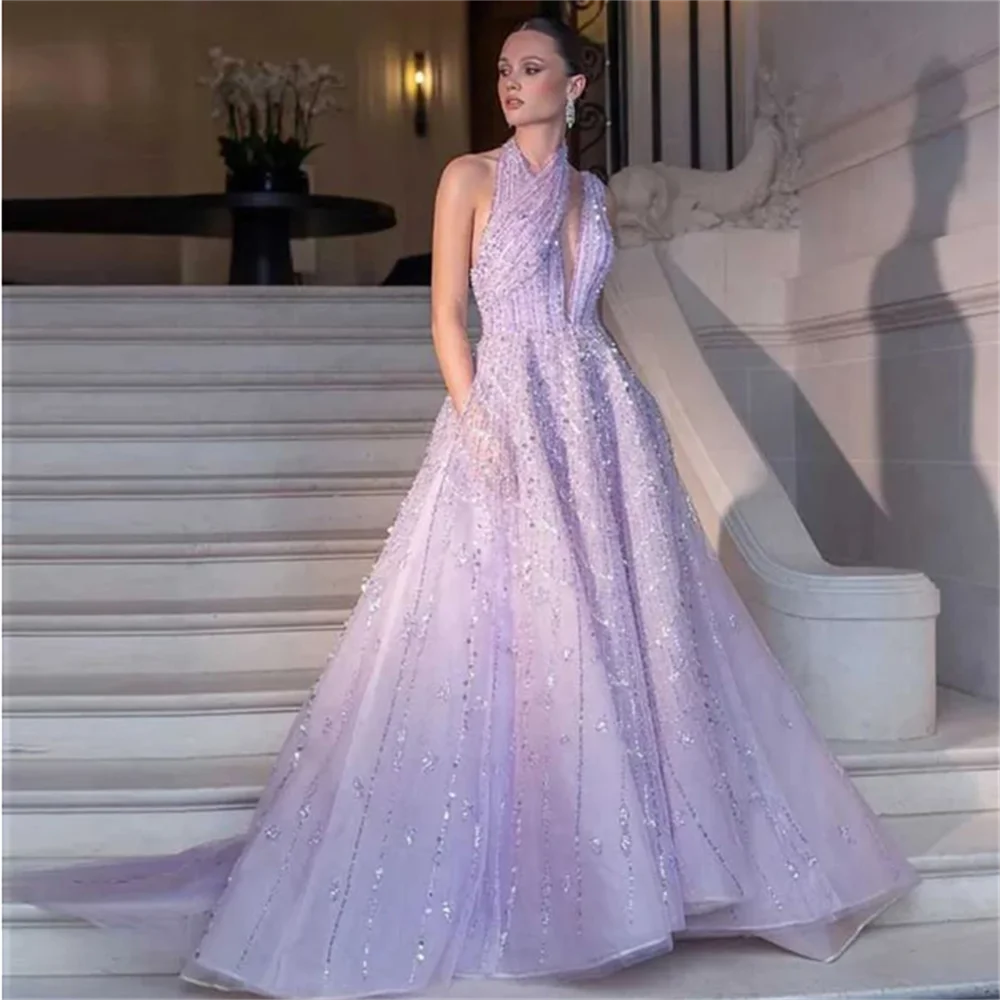 

Shiny One Shoulder Sleeveless Sexy Prom Dresses Neck Sequins Floor Length Evening Dreseses V-neck Dresses for Women Tulle Party