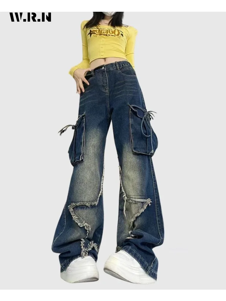 

Women's Wide Leg Baggy Y2K 2000s High Street Denim Trouser Fashion Vintage Tassels Casual High Waist Pants Blue Straight Jeans