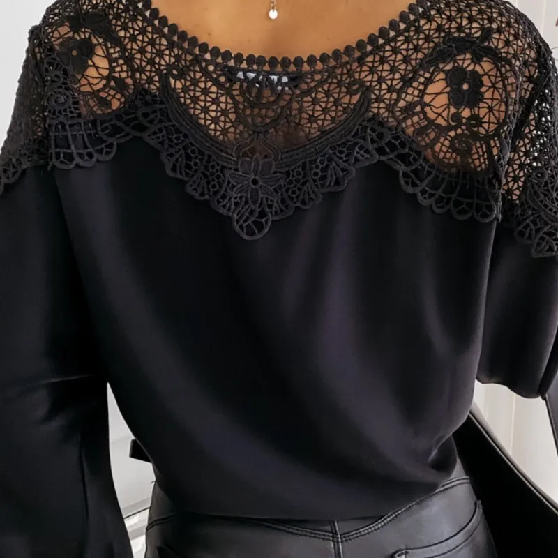 موضة فضفاضة الدانتيل قميص للنساء 2025 ربيع الخريف طويلة الأكمام س الرقبة بلوزة لباس أبيض بلوزات مكتب المرأة عادية
