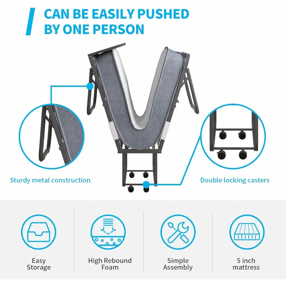 Складная кровать с матрасом, раскладная кровать для взрослых с изголовьем и пылезащитным мешком, 5-дюймовая портативная складная кровать для гостей