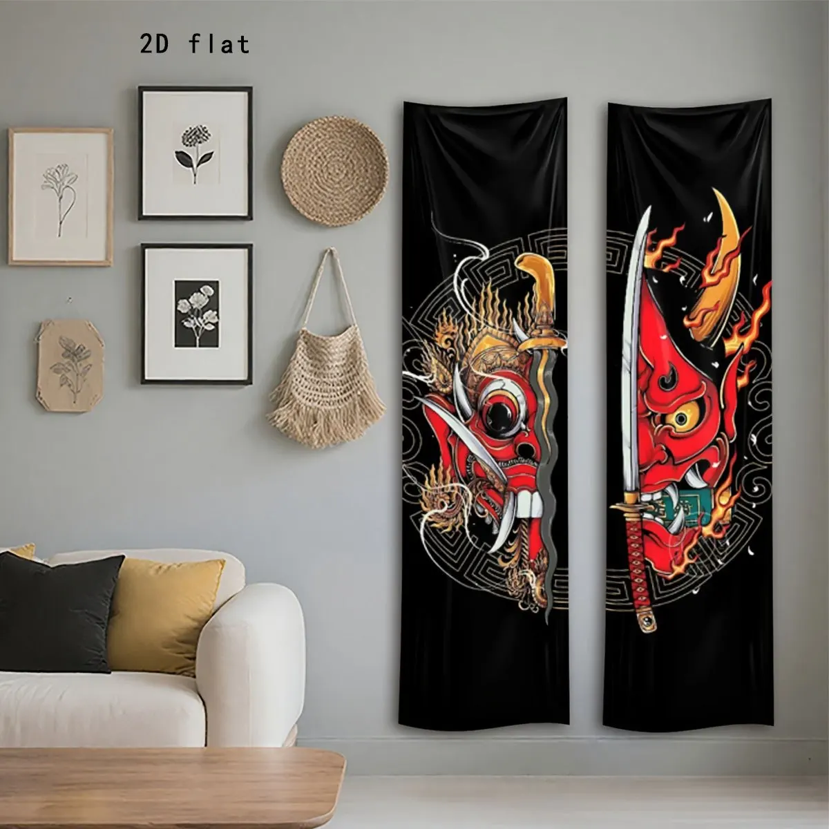 1 Stück 2D Flache Schwarze Hannya-Maske Vertikaler Wandteppich Moderne Ästhetische Kunst Wandbehang für Schlafzimmer und Wohnraumdekoration